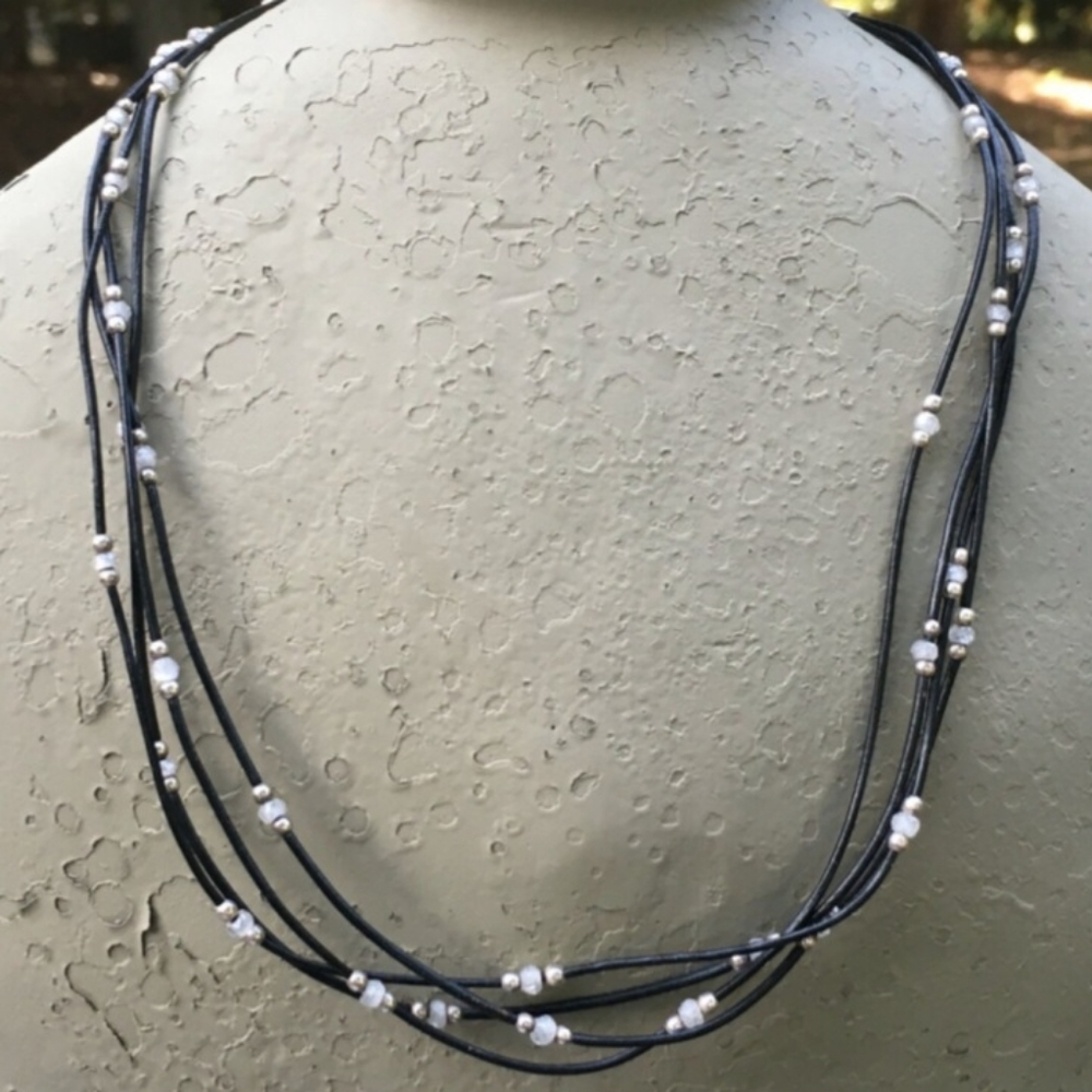 Silpada necklace, black leather, white cz and sterling silver beads, 17-18 inch
